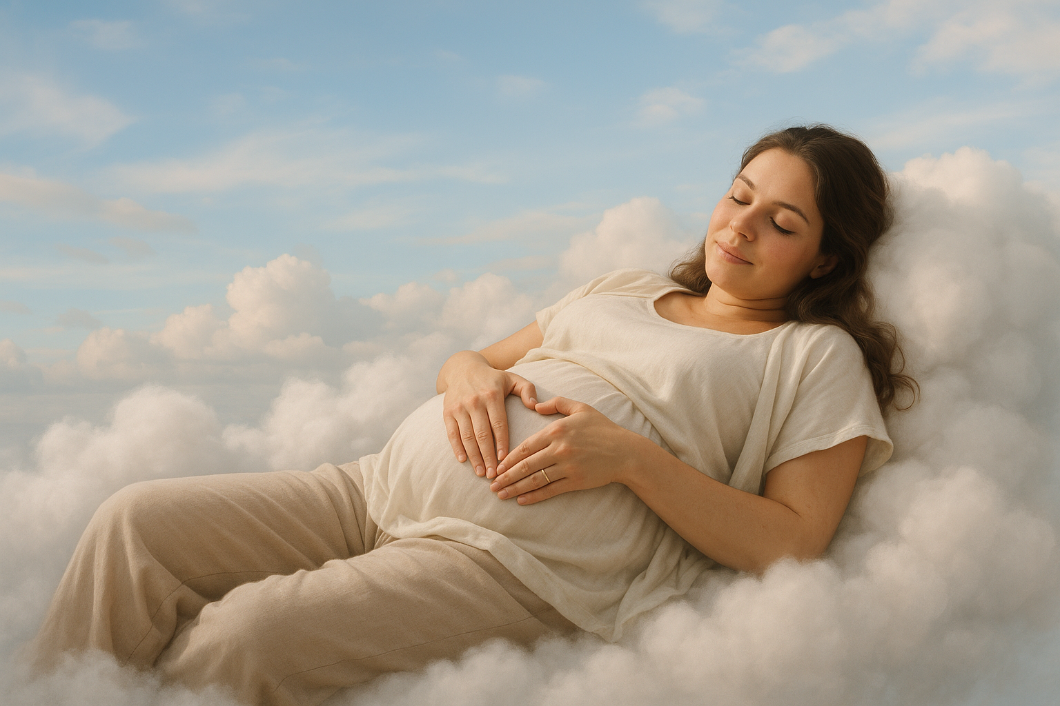 real woman thats pregnant with her hands shaped as a heart on top of her belly laying down on a comfortable cloud